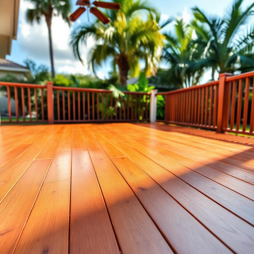 Freshly stained wood deck with rich cedar tone and UV-protective sealer on a Lakeland FL home by John Crouthers Painting
