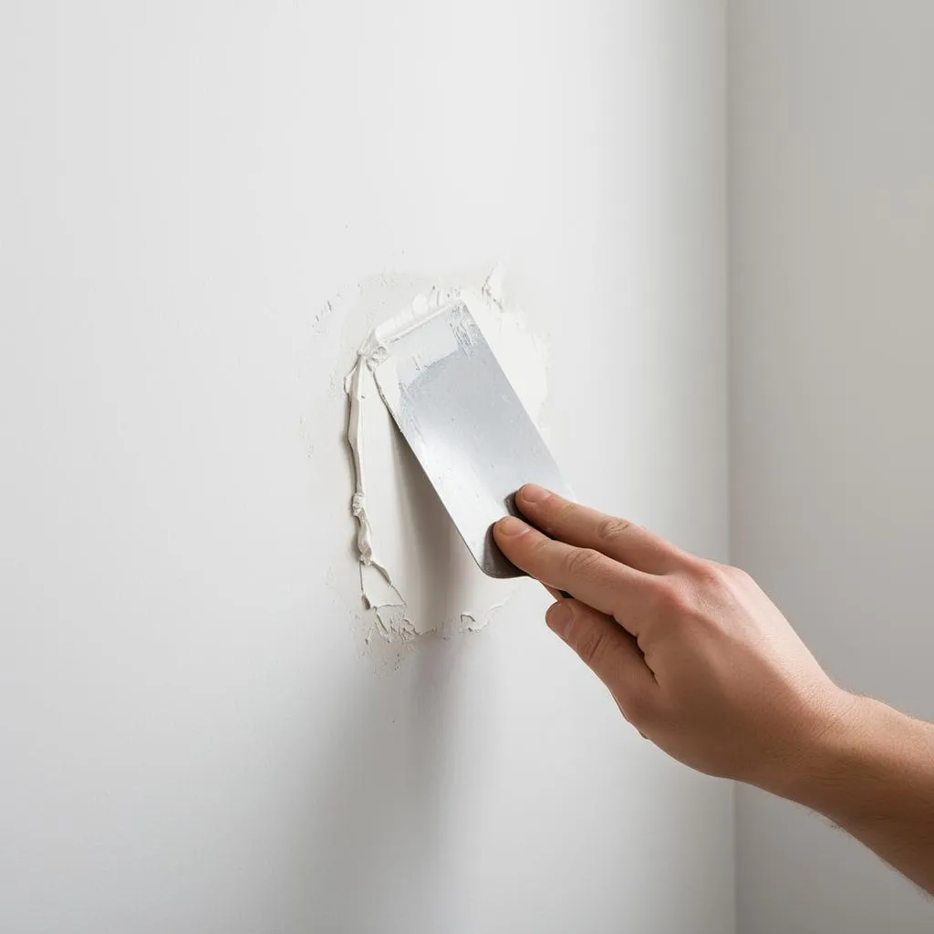 Professional painter smoothing joint compound over a drywall patch repair in a Lakeland FL home by John Crouthers Painting