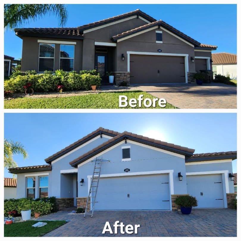 Before and after exterior house painting project completed by professional painters in Lakeland Florida