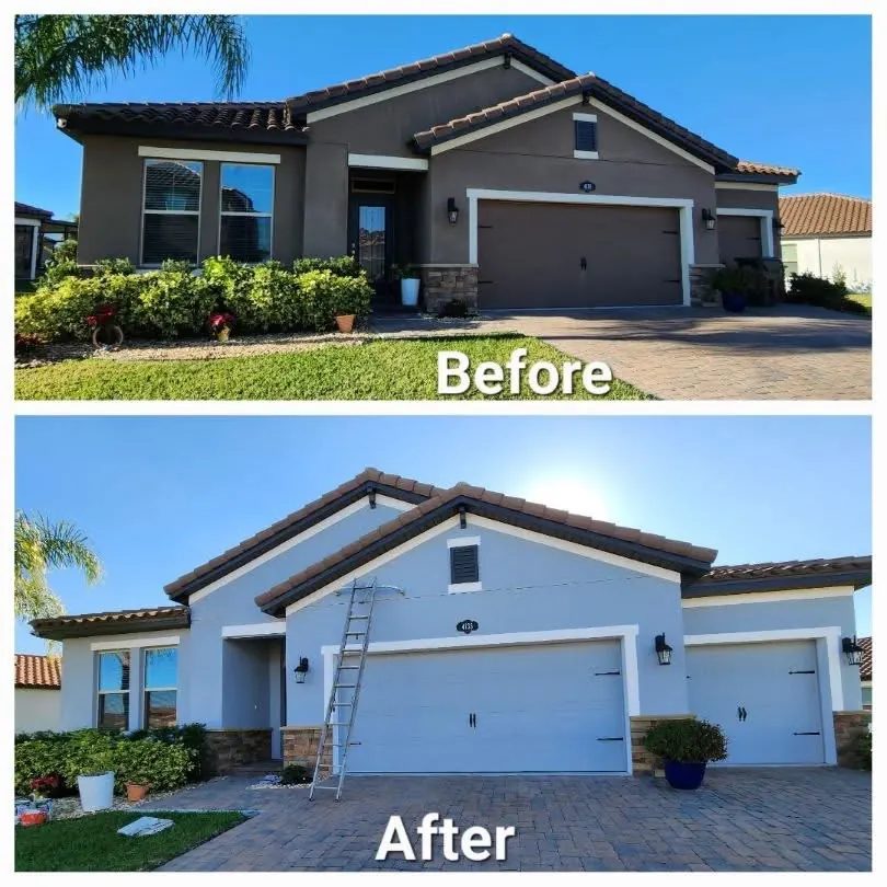 Before and after exterior house painting project completed by professional painters in Lakeland Florida