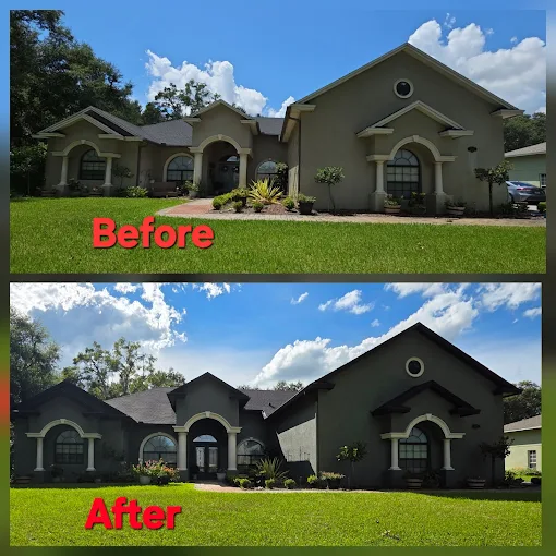 Exterior home painting before and after transformation in Lakeland FL - white stucco house