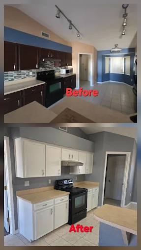 Kitchen interior painting project showing cabinet and wall color update