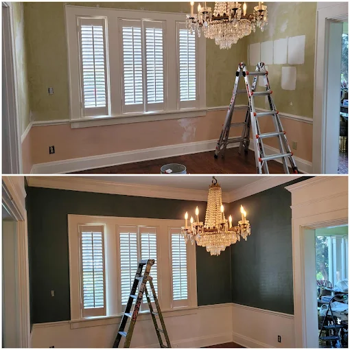 Interior dining room painting with accent wall and trim work