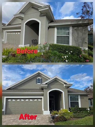 Residential exterior painting project showing fresh blue paint on Florida home