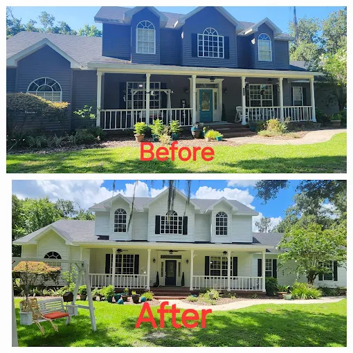Before and after exterior house painting in Polk County - cream colored stucco