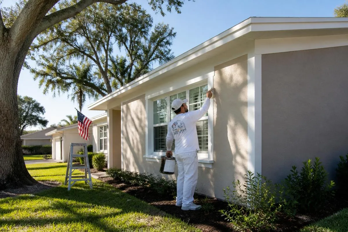 Professional painter finishing the exterior trim of a home in Auburndale, FL for John Crouthers Painting