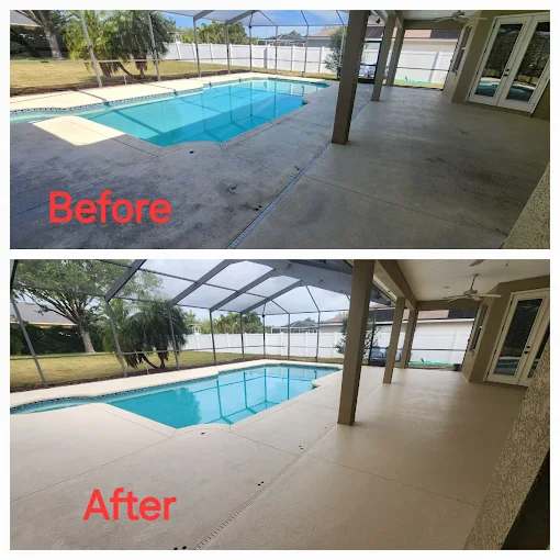 Pool deck coating before and after with slip-resistant finish in Lakeland FL