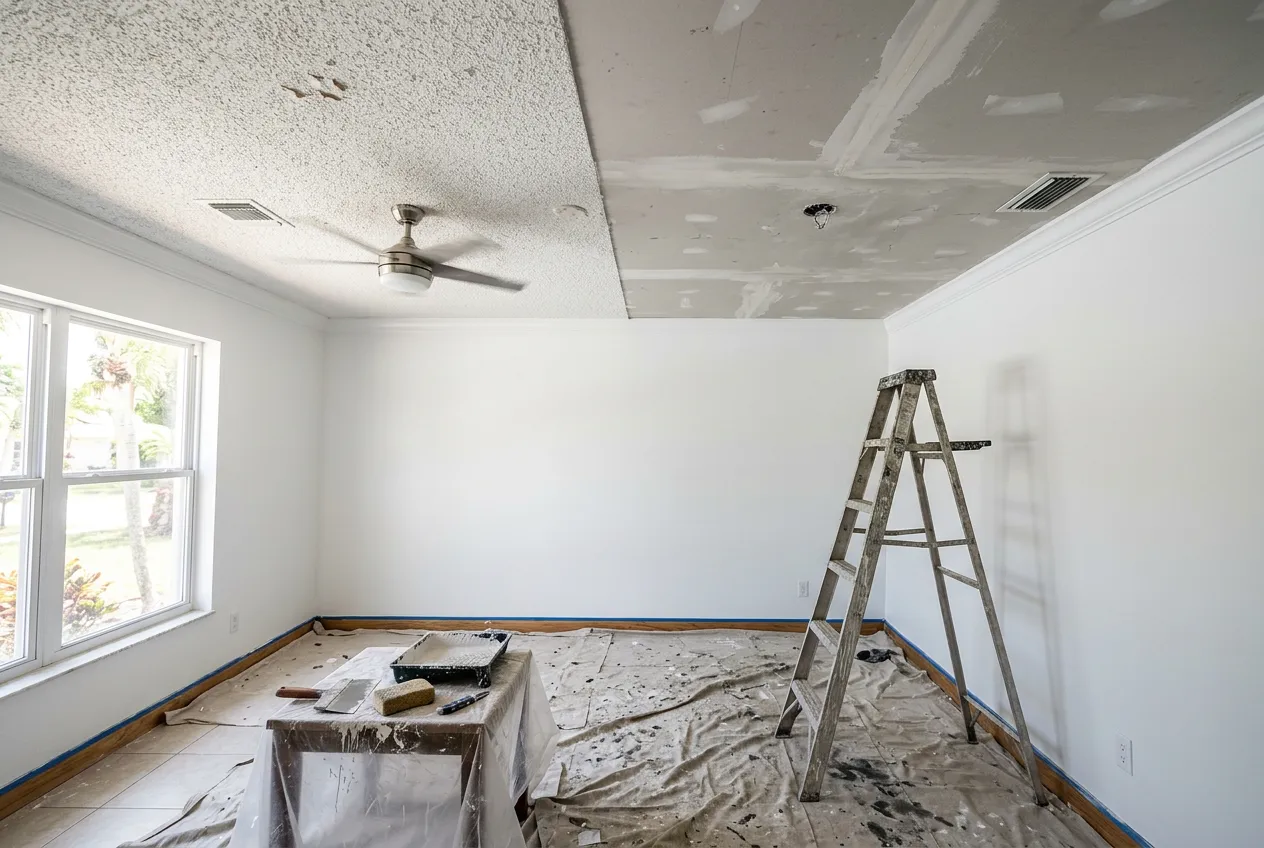 Half-scraped popcorn ceiling mid-removal showing smooth drywall finish by John Crouthers Painting in Lakeland FL